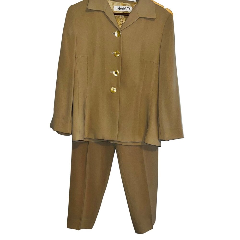 Tahari Petite Womens Two-Piece Suit Set Size M Beige 100% Polyester Buttoned Jac